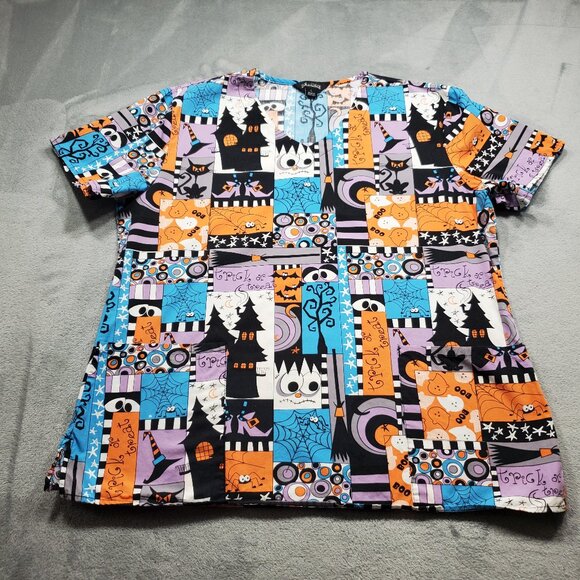 Zoe + Chloe Halloween Vneck Scrub Top 2 Pockets Spooky Eyes and Spiders Wms Sz L - Picture 1 of 10